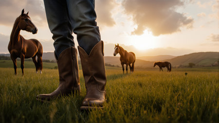 A beautiful horse and a soft sunset. The worn boots and green grass are great for a calm, tranquil, and natural themeの素材