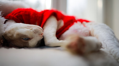 A cozy Devon Rex cat is peacefully sleeping in red knitwear on a window ledge, curled in a ball with outstretched paws.の写真素材