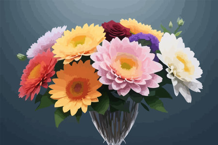 Bouquet of colorful flowers on dark background. Vector illustration.のイラスト素材
