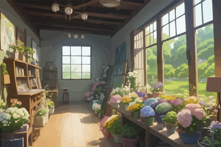 Illustration of a room with flowers in front of the window.のイラスト素材