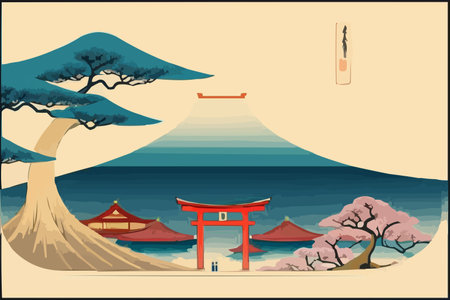 Japanese landscape with a temple and a tree. Vector illustration in flat styleのイラスト素材