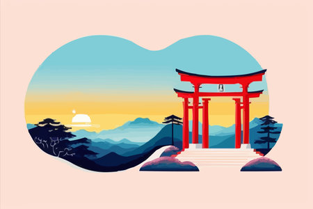 Japan travel background. Travel vector illustration in flat style. Japanese temple in the mountains.のイラスト素材