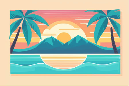 Tropical beach with palm trees and sunset. Vector illustration in flat styleのイラスト素材