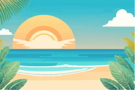 beach and tropical sea with sun in the sky vector illustration designのイラスト素材