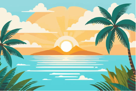 Tropical island with palm trees and sea at sunset. Vector illustrationのイラスト素材