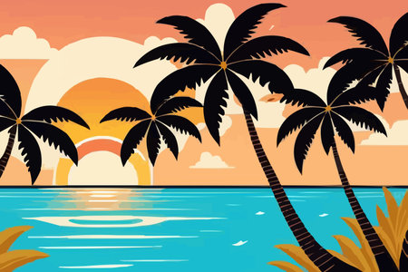 Palm trees on the beach at sunset. Vector illustration in flat style