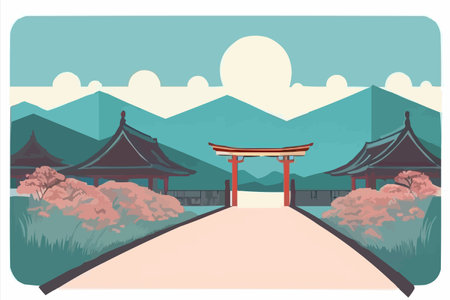 Japanese temple on the road. Vector illustration in flat design style.のイラスト素材