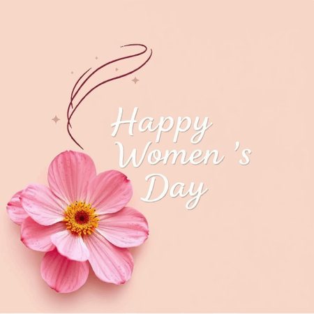 Happy Women's Day greeting card with pink flower on pink background.