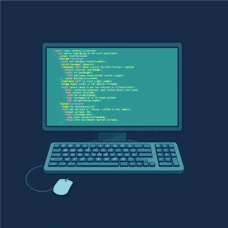 Computer screen with programming code and mouse on blue background. Vector illustration.