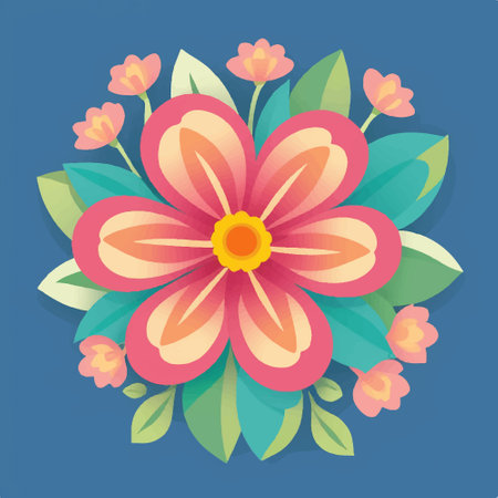 Flower and leaves. Vector illustration in flat style on blue background.のイラスト素材