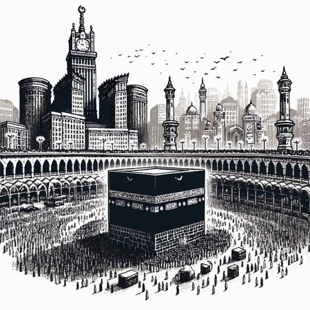 illustration of mosque and mosque in islamic city background.のイラスト素材