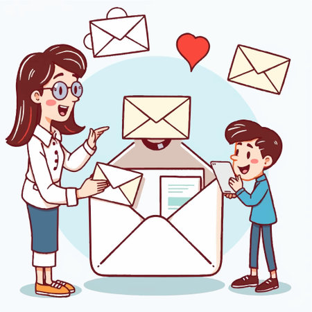 Vector illustration of girl and boy sending letter. Email marketing concept.のイラスト素材