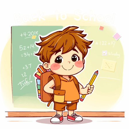 Vector illustration of Cute little schoolboy with backpack and books in classroomのイラスト素材