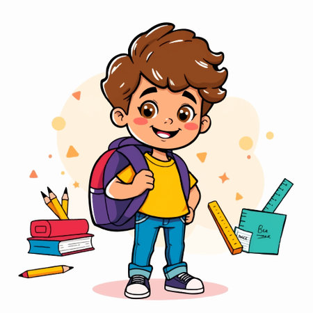 Cute schoolboy with backpack and books. Vector cartoon illustration.のイラスト素材
