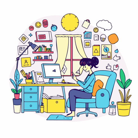 Freelance, remote work concept. Young man working at home. Vector illustrationのイラスト素材