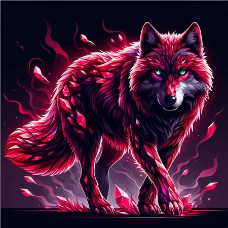 Vector illustration of a wolf on a dark background with fire flames.
