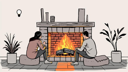 Illustration of a couple sitting in front of a fireplace at homeのイラスト素材