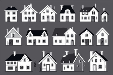Vector illustration of a set of houses. Isolated on white background.のイラスト素材