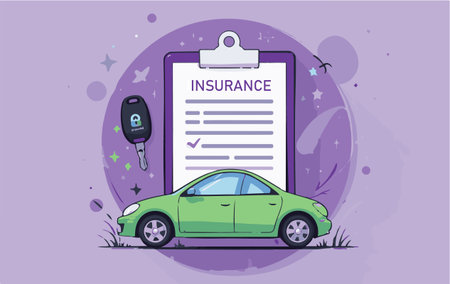 Car insurance policy. Vector illustration in flat cartoon style on purple background.のイラスト素材