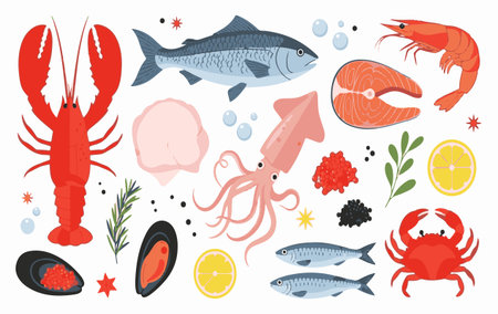 Seafood set. Vector illustration of sea food. Flat design.のイラスト素材