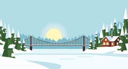 Vector illustration of a winter landscape with a bridge over the river.のイラスト素材