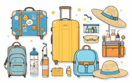 Vector illustration of a set of travel items. Luggage, hat, sunglasses, bag, hat and other things.のイラスト素材
