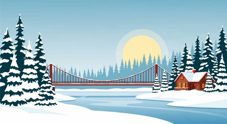Winter landscape with a bridge over a frozen river. Vector illustration.のイラスト素材