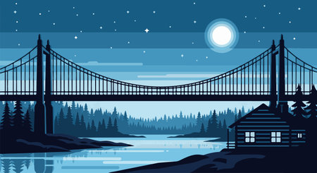 Silhouette of bridge over the river at night. Vector illustrationのイラスト素材