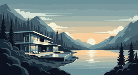 Modern house on the shore of a mountain lake. Vector illustration.のイラスト素材