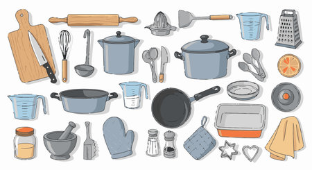 Kitchen utensils and kitchenware doodle icon setのイラスト素材