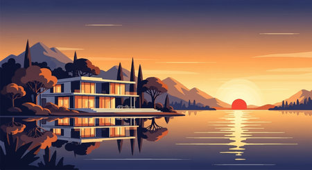 Modern house on the lake at sunset. Vector illustration for your designのイラスト素材