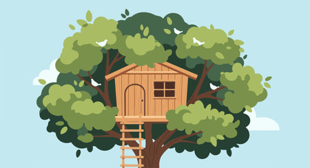 Wooden house on the tree. Vector illustration in flat style.のイラスト素材