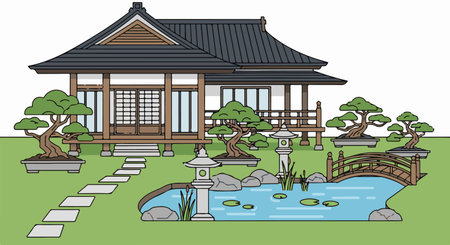Japanese house with pond and bridge. Vector illustration in cartoon style.のイラスト素材