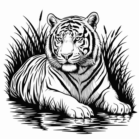 Tiger lying in the grass. Black and white vector illustration.のイラスト素材