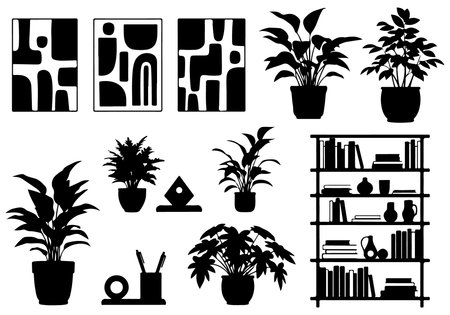 Illustration of a set of different plants in pots on a shelfのイラスト素材