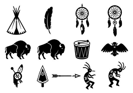 Native American indian symbols set, black and white, vector illustrationのイラスト素材