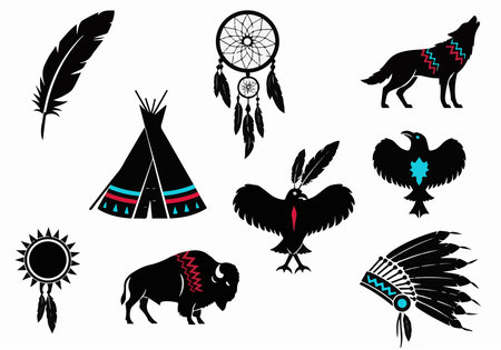 Native American indian symbols set isolated on white background. Vector illustration.のイラスト素材