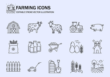 Farm icons set. Collection of line icons on grey background. Vector illustrationのイラスト素材