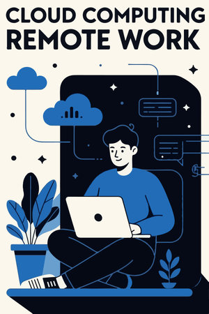 Cloud computing concept. Vector illustration in flat style. Man working on laptop at home.のイラスト素材
