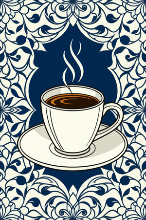Cup of coffee with floral pattern on blue background. Vector illustration.のイラスト素材