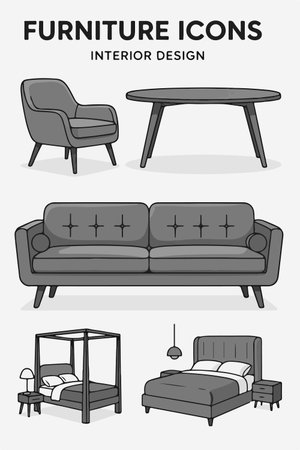 Furniture icon set in flat style. Sofa, table, chair, coffee table and other furniture. Vector illustration.のイラスト素材