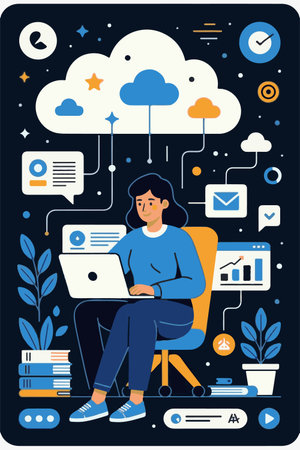 Vector illustration in trendy flat linear style on the topic of cloud computing. The girl sits on the chair and works on a laptop.のイラスト素材
