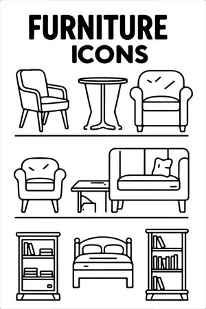Furniture line icon set. Furniture outline icons collection includes armchair, table, bookcase, coffee table and chair. Furniture outline vector illustration.のイラスト素材