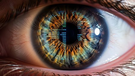 Close-up of human eye with binary code. Concept of artificial intelligenceの写真素材