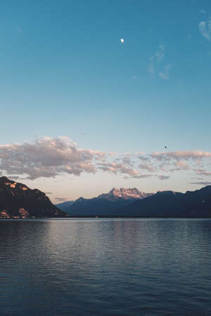 Lake Geneva and moon montreuxの写真素材