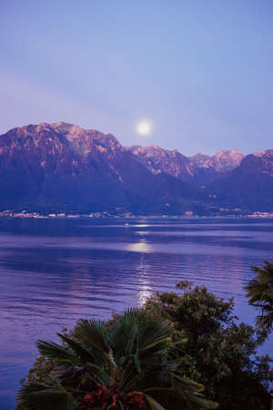 Moon, mountains, and lakeの写真素材