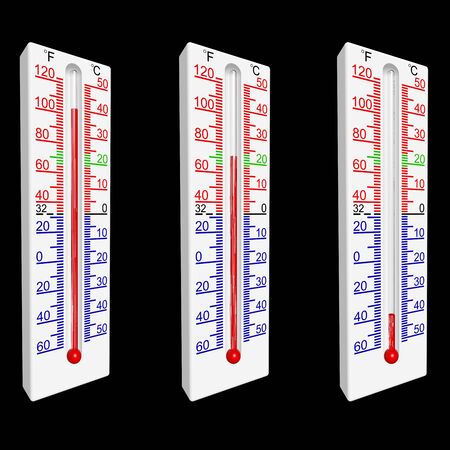 Set of three thermometers, with the part of a scale of green colour defining a range of...