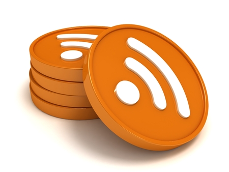 RSS symbol. Symbols RSS stacked by a pile, close up on a white background.