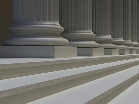 Row of Ionic columns and stair steps, architectural details of the facade of building in the Greek or Roman style, perspective view. 3D illustration.の写真素材