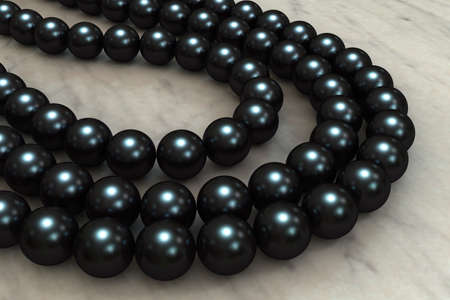 Black cultured tahitian pearl three-strand necklace on a marble table top, close-up, 3D illustration.の写真素材